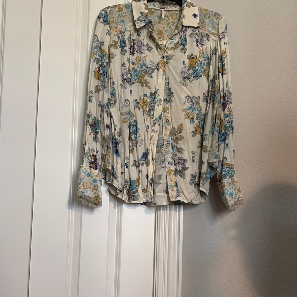 Free People Cream and Blue Bishop Sleeve Dress